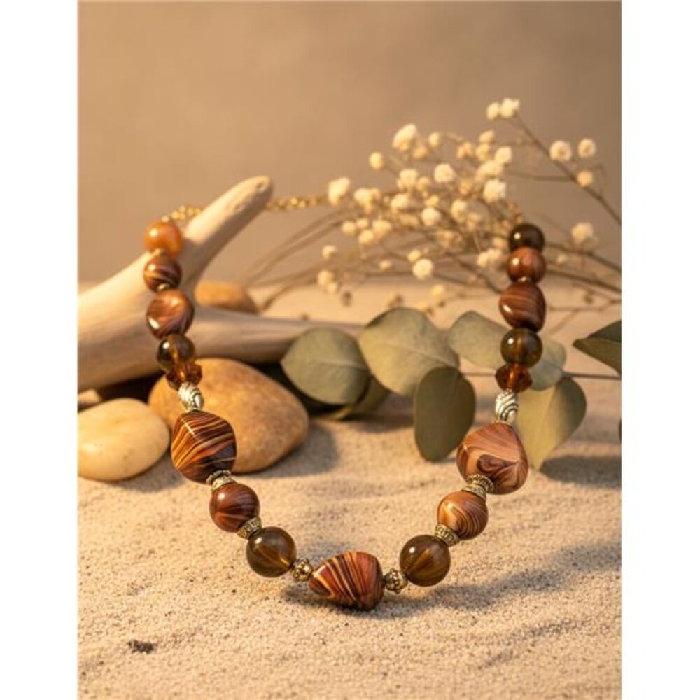Vintage Lucite Faux Agate Beaded Necklace Chunky Brown Gold Statement 21 In adj.